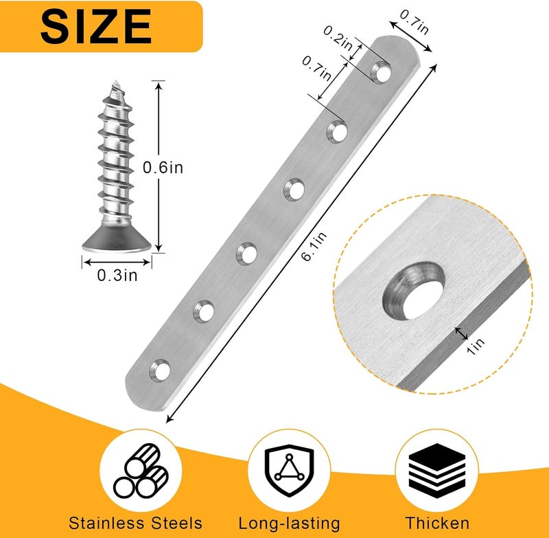 AUGHOA 4 PCS Straight Brackets, Stainless Steel Flat Straight Brace, 6 inch, Metal Brackets with 24 Screws for Furniture Repair Fixing - Image 2